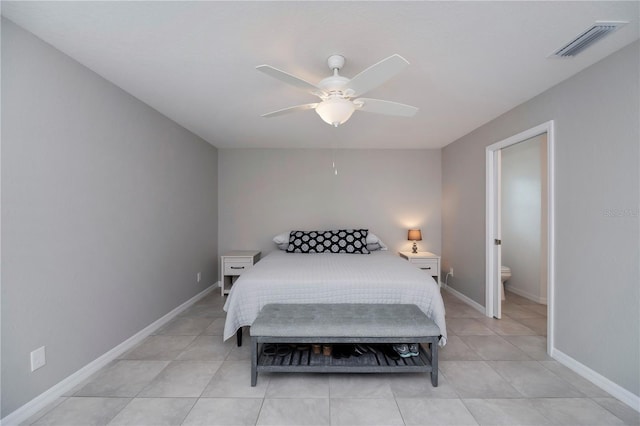 bedroom featuring ensuite bathroom and ceiling fan