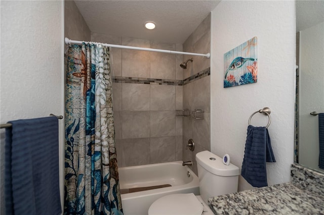 bathroom with shower / tub combo, a textured ceiling, and toilet