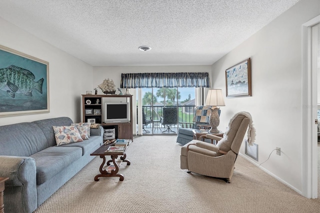 living room featuring carpet flooring and a textured ceiling