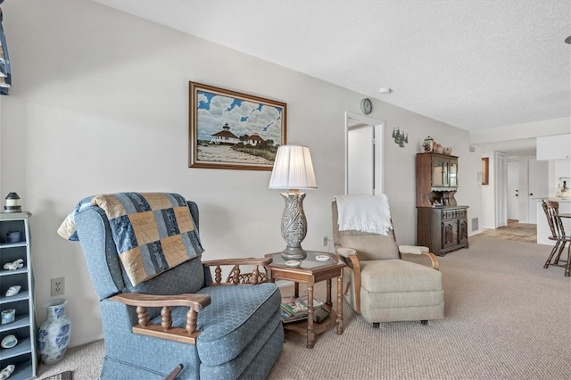 living area with light carpet and a textured ceiling