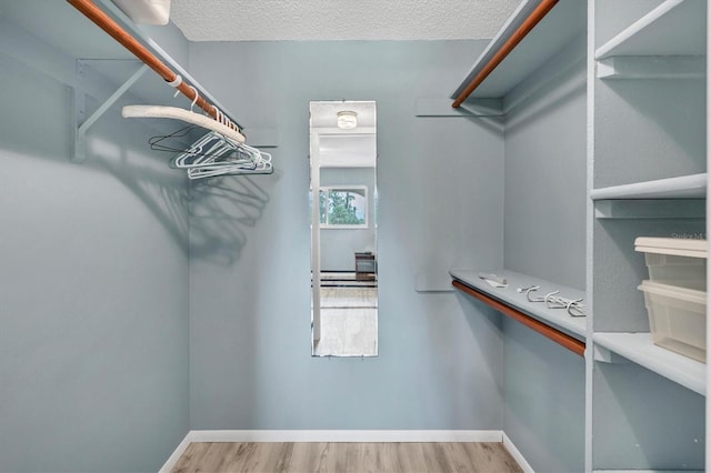 walk in closet with light hardwood / wood-style flooring