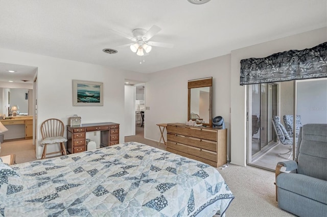 bedroom with access to outside, light colored carpet, and ceiling fan