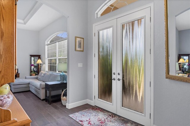 entrance foyer featuring dark hardwood / wood-style floors and french doors