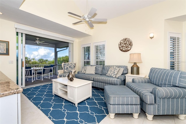 tiled living room with lofted ceiling