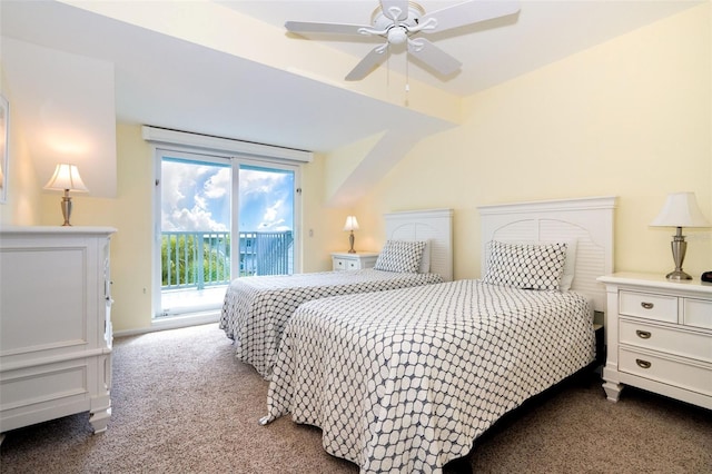 carpeted bedroom with access to exterior and ceiling fan