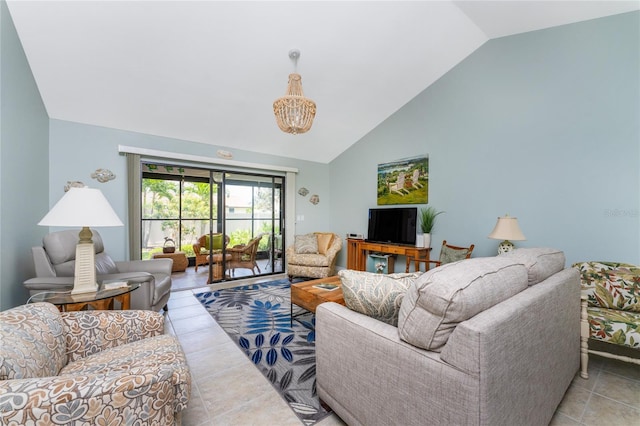 living room with light tile patterned floors and lofted ceiling