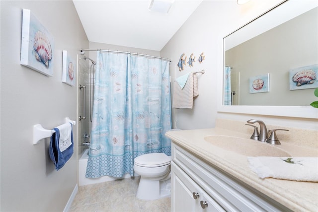 full bathroom featuring tile patterned flooring, shower / bath combo, vanity, and toilet