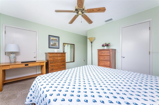 bedroom featuring carpet flooring and ceiling fan