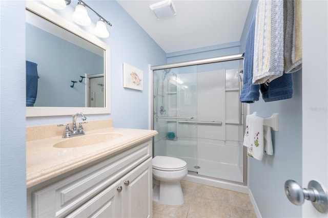 bathroom featuring tile patterned floors, vanity, toilet, and an enclosed shower