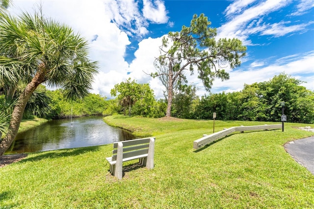 view of community featuring a lawn and a water view