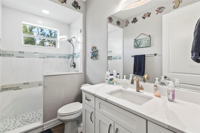 bathroom with vanity, toilet, and tiled shower