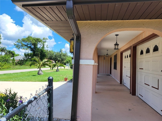 view of patio with a garage