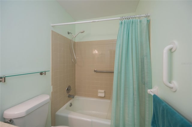 bathroom with shower / bath combination with curtain and toilet