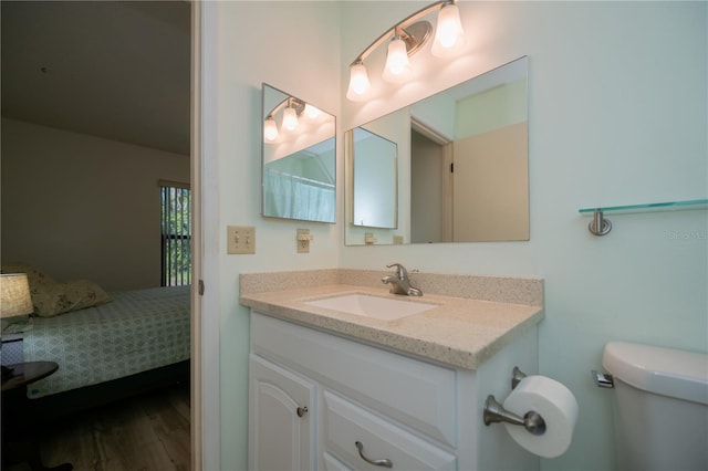 bathroom with hardwood / wood-style floors, vanity, and toilet