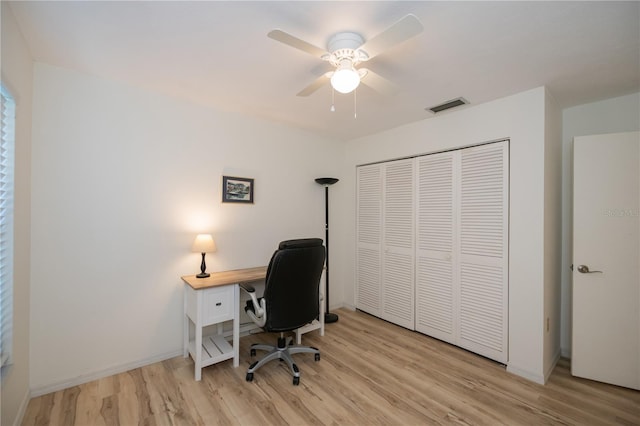 office space featuring light hardwood / wood-style floors and ceiling fan