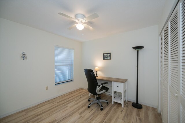 home office with ceiling fan and light wood-type flooring