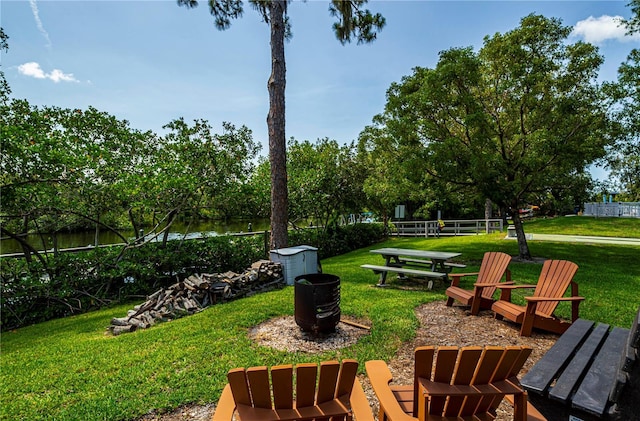 surrounding community with a lawn and a water view