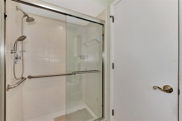 bathroom featuring a shower with shower door