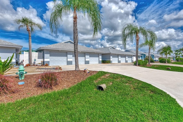 ranch-style home featuring a garage and a front lawn