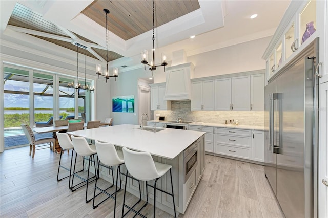 kitchen featuring sink, built in appliances, a tray ceiling, a kitchen island with sink, and white cabinets