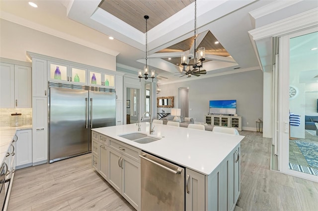 kitchen featuring sink, wooden ceiling, stainless steel appliances, a kitchen island with sink, and ceiling fan with notable chandelier