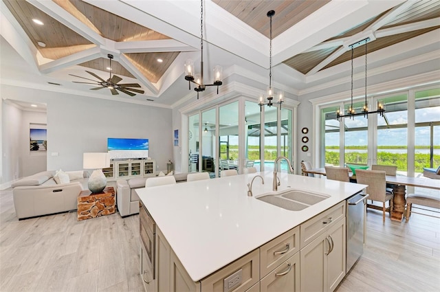 kitchen with sink, hanging light fixtures, an island with sink, wood ceiling, and ceiling fan with notable chandelier