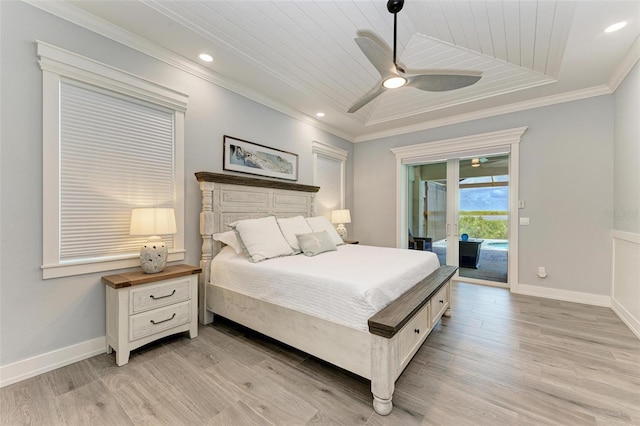 bedroom with access to exterior, light wood-type flooring, ceiling fan, and wooden ceiling