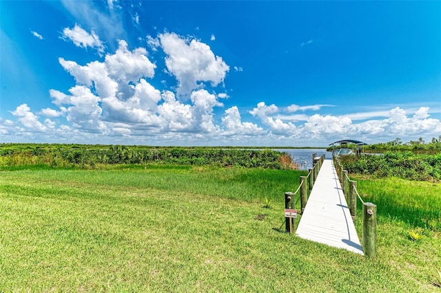 view of property's community featuring a water view and a dock