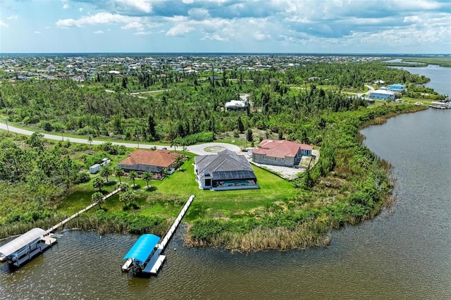 bird's eye view with a water view