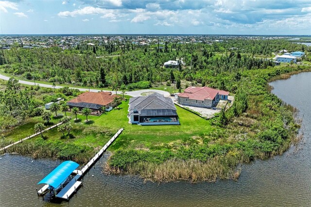 drone / aerial view featuring a water view