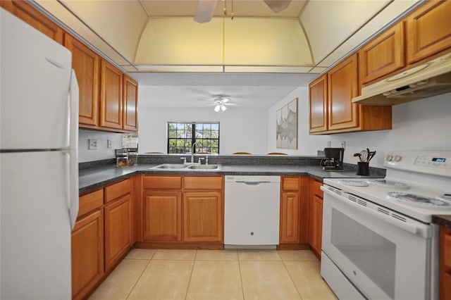 kitchen with kitchen peninsula, white appliances, ceiling fan, sink, and light tile patterned flooring