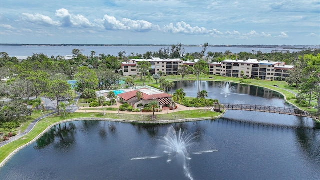 bird's eye view with a water view