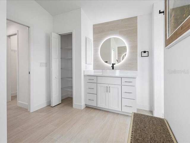 full bathroom featuring baseboards, a walk in closet, wood finished floors, and vanity