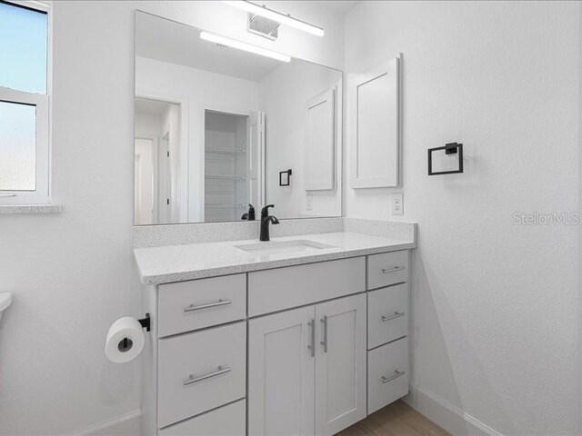 bathroom featuring visible vents, vanity, baseboards, and wood finished floors