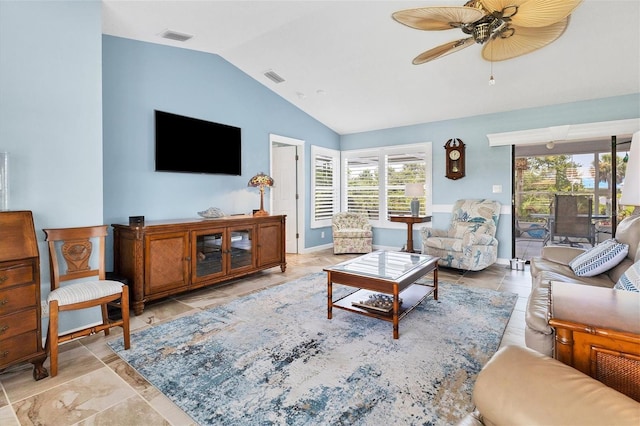 living room featuring lofted ceiling and ceiling fan