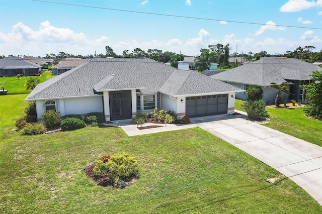 ranch-style house with a garage and a front yard