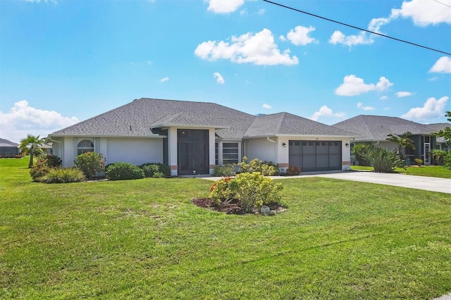 single story home with a garage and a front lawn