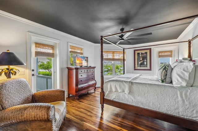 bedroom featuring crown molding, access to outside, dark hardwood / wood-style flooring, ceiling fan, and multiple windows