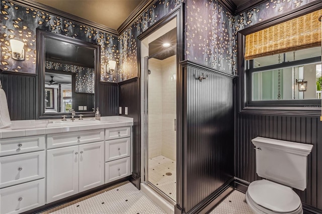 bathroom featuring vanity, an enclosed shower, tile patterned floors, and toilet