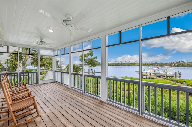 unfurnished sunroom featuring a water view, ceiling fan, and wooden ceiling