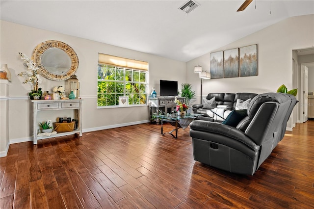 living room featuring lofted ceiling, dark hardwood / wood-style flooring, and ceiling fan