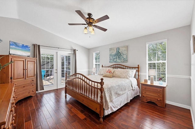 bedroom with dark wood-type flooring, access to outside, french doors, and vaulted ceiling