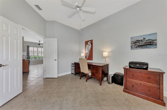 tiled office featuring ceiling fan