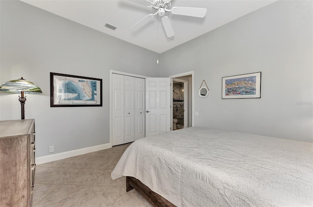 tiled bedroom featuring high vaulted ceiling, a closet, and ceiling fan