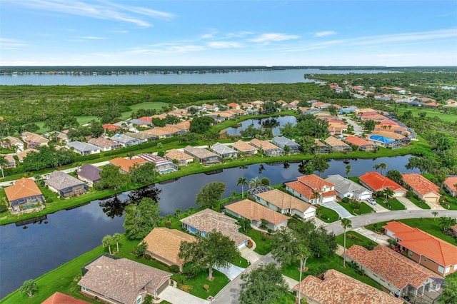 drone / aerial view featuring a water view