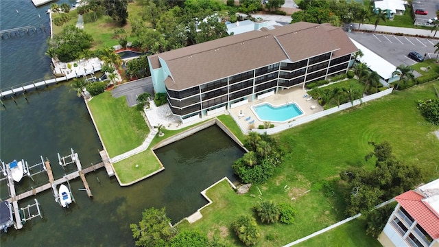 drone / aerial view featuring a water view