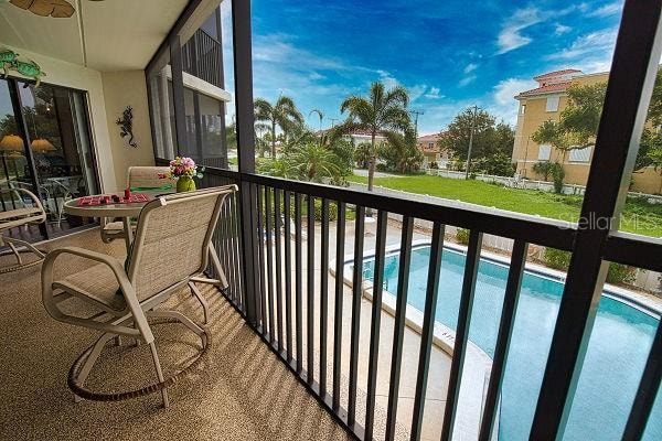 balcony with a fenced in pool