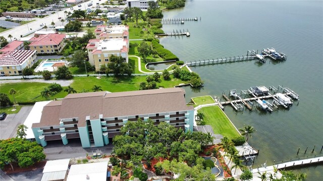 bird's eye view with a water view