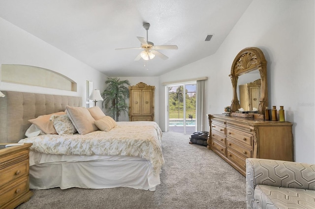 carpeted bedroom featuring ceiling fan, lofted ceiling, and access to outside