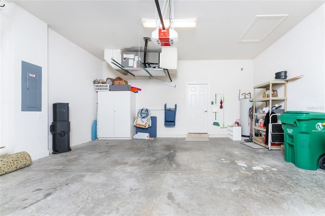 garage featuring a garage door opener, water heater, and electric panel